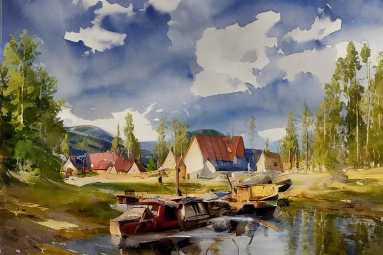 Image similar to paint brush strokes, abstract watercolor painting of swedish village, birch and pine, art by hans dahl, by jesper ejsing, art by anders zorn, wonderful masterpiece by greg rutkowski, cinematic light, american romanticism by greg manchess, creation by tyler edlin