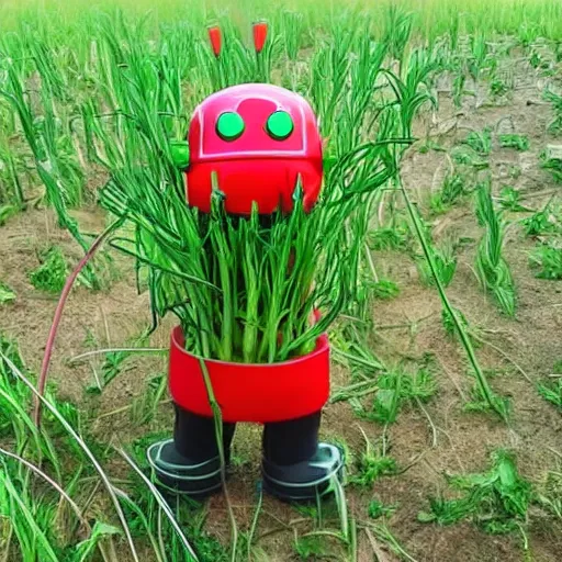 Prompt: cute robot made of plants wearing tomato hat and a chive sword, shoujo shuumatsu ryoku style