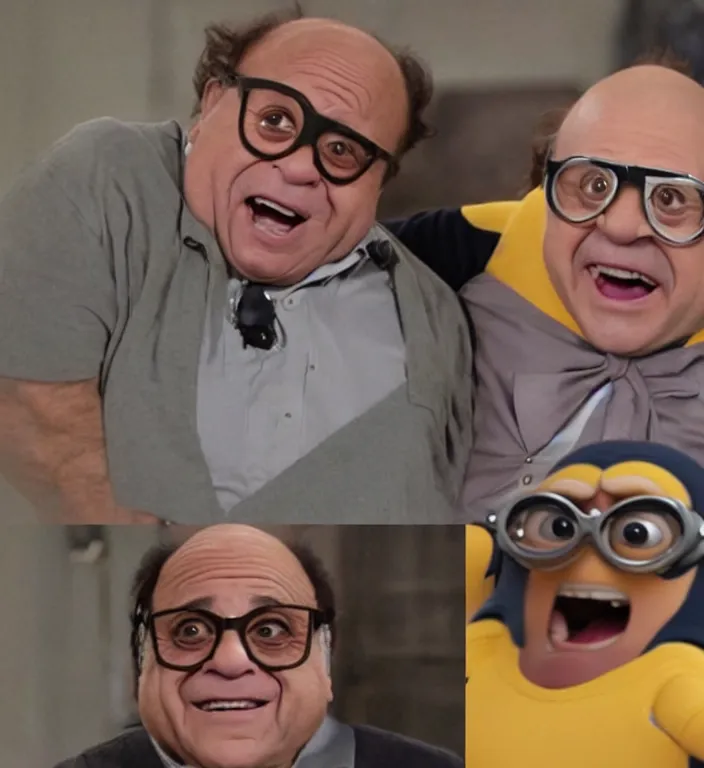 Prompt: photo of danny devito morphing into a minion