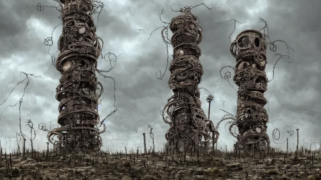 Image similar to bio-organic fleshy detailed machine tower! with tendrils!! and one eyeball!!! at the top, looking over a stormy post-apocalyptic wasteland, dystopian art, wide lens