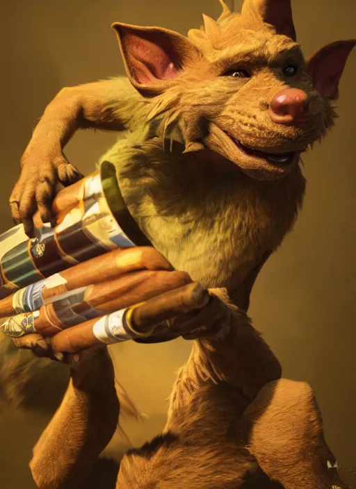 Prompt: pathfinder 2 e illustration of furry goblin smoking a cigar, unreal engine, hyper realism, realistic shading, cinematic composition, realistic render, octane render, detailed textures, photorealistic, wide shot