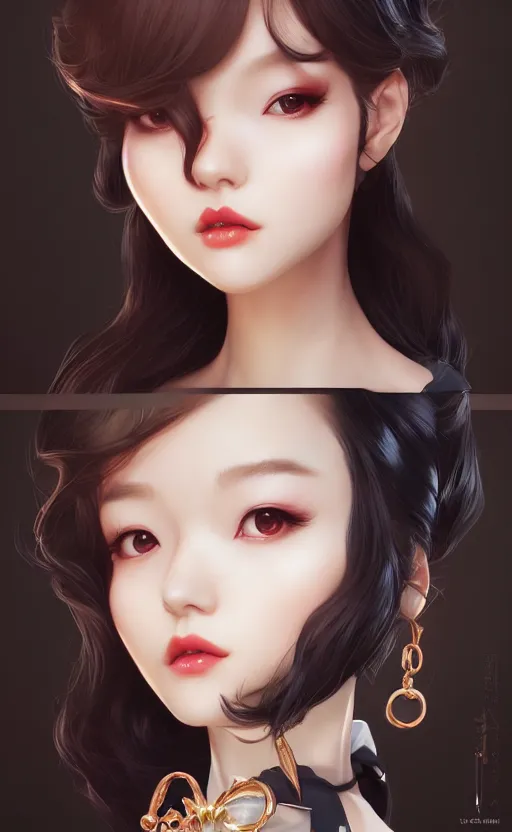 Image similar to a pin up and beautiful fashion charming dreamlke korea girl with lv jewelry, character art, art by artgerm lau and kyoung hwan kim and and ilya kuvshinov and john singer sargent, hyperdetailed, 8 k realistic, symmetrical, frostbite 3 engine, cryengine, dof, trending on artstation, digital art