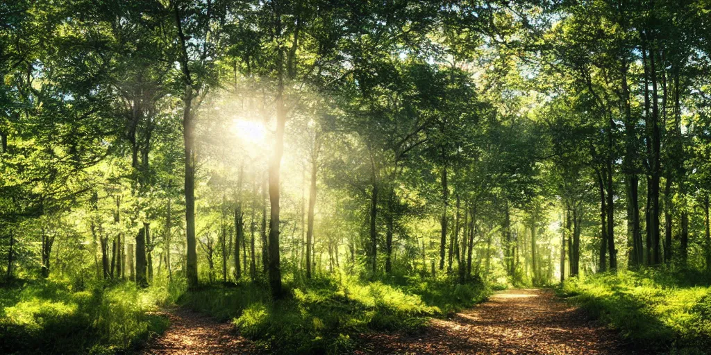 Image similar to A photorealistic landscape of a beautiful and serene forest, with the sunlight shining through the trees and casting a dappled light on the ground, in a peaceful and calming style.