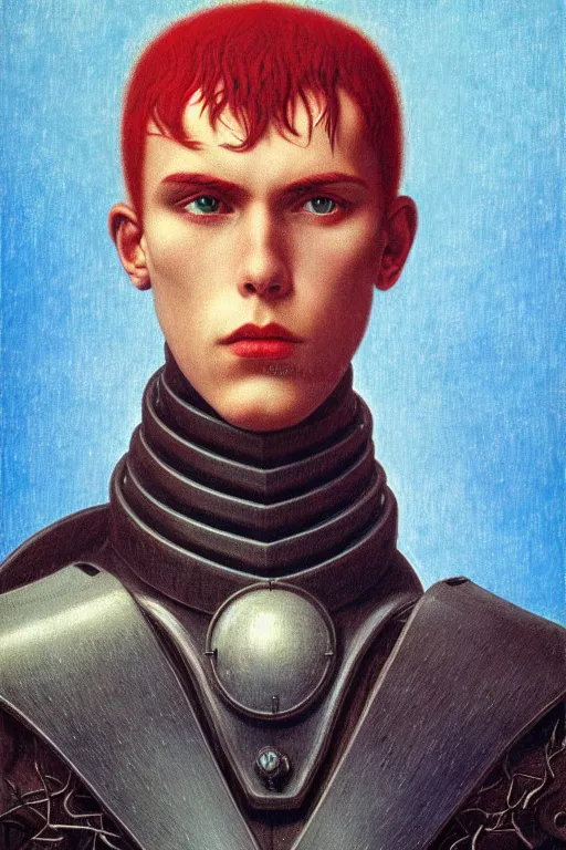 Image similar to portrait of beautiful gothic and futuristic young man, warhammer, cyber armor, a lot of scars, thunderstorm, blue head, red eyes, the middle ages, highly detailed, artstation, illustration, more and more compostion, 8 k quality, art by rene magritte, jean delville