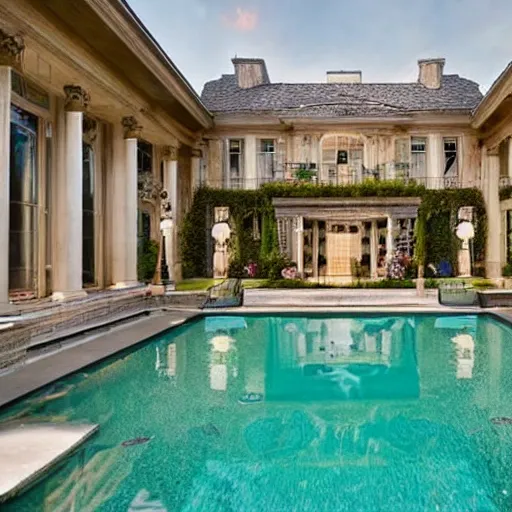 Prompt: a pool in a very fancy mansion