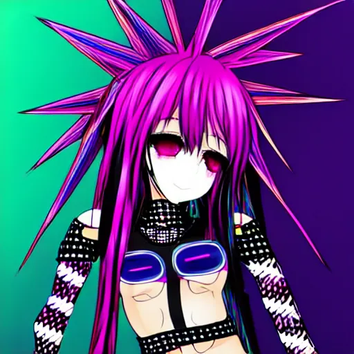 Image similar to maximalist emo anime girl, cybergoth, rainbowcore, vhs monster high, glitchcore witchcore, checkered spiked hair, pixiv