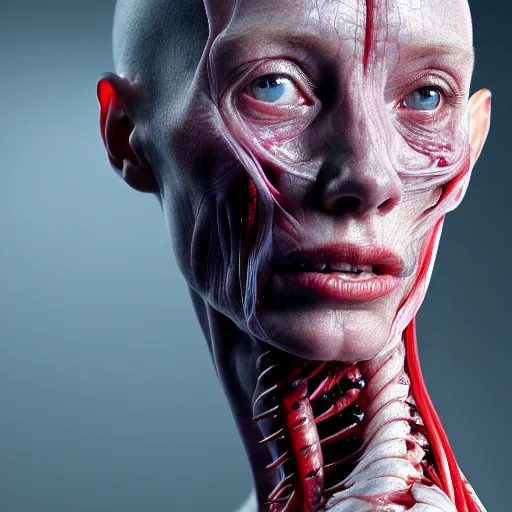 Image similar to Human female with translucent skin, visible muscles and veins and arteries and nerves, beautiful detailed intricate insanely detailed octane render, 8K artistic photography, photorealistic, chiaroscuro, by David Cronenberg, Raphael, Caravaggio