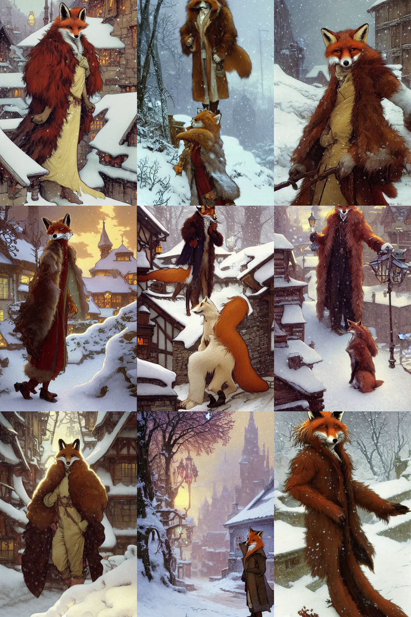 Prompt: an anthropomorphic fox man wearing a long fur coat in a snowy village, character illustration by greg rutkowski, thomas kinkade, alphonse mucha, Gil Elvgren