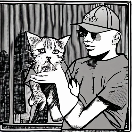 Prompt: storybook illustration of a rapper in 1 9 9 0 new york holding a kitten up to the camera, storybook illustration, monochromatic