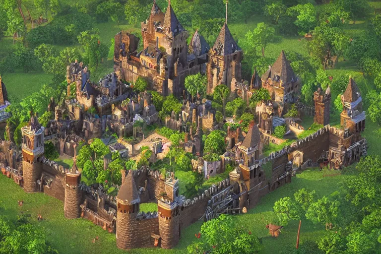 Image similar to 3 d medieval castle in a jungle with towers, 3 d, isometric, indie game