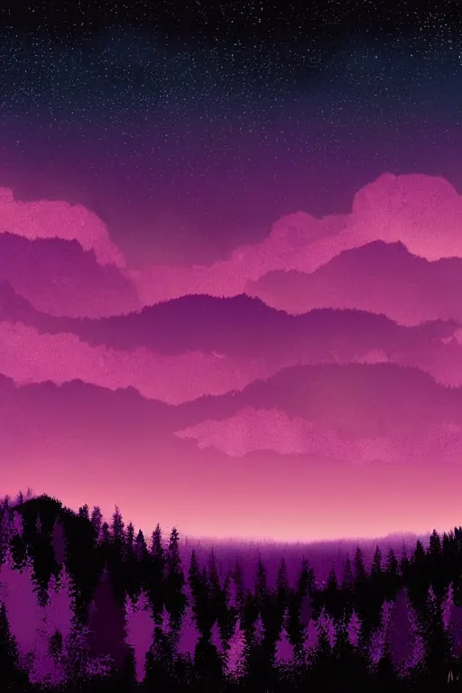 Prompt: matte painting layered night sky. Stars and a swirly starry night moon. pink and purple ombre puffy cotton candy clouds. Dark hills forest silhouette below. Cyril Roland naomi okubo.