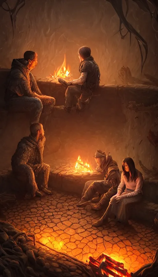 Prompt: two people : the stalker and the wither are sitting by the fire, highly detailed, d & d, fantasy, highly detailed, digital painting, trending on artstation, concept art, sharp focus, illustration, global illumination, ray tracing, realistic shaded, art by artgerm and greg rutkowski and fuji choko and viktoria gavrilenko and hoang lap