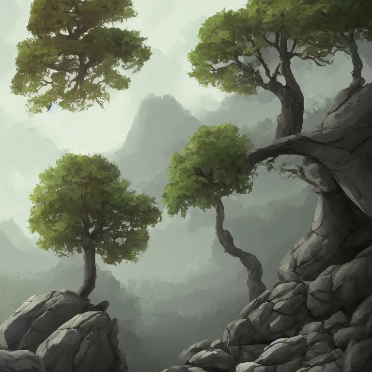 Image similar to a digital painting of some trees and rocks by ilya ostroukhov, trending on artstation, speedpainting, 2 d game art