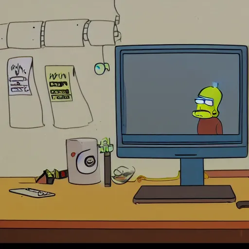 Image similar to a pencil sketch low fi of a sloth wearing a hat, in front of a monitor, using the mouse, grew wakowsky, rick and morty, simpsons