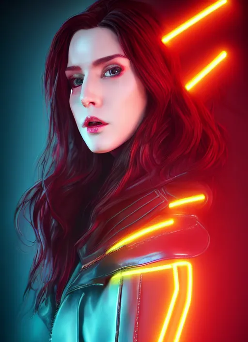 Prompt: pretty young woman with shoulder length shiny shimmering dark red hair and wearing a stuffed leather jacket with neon, path traced, highly detailed, high quality, digital painting, by cd projekt red, cyberpunk,