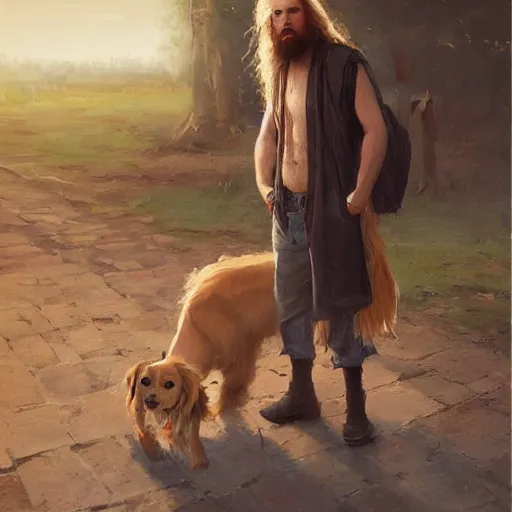 Image similar to oil painting of a young man with long hair blond and a beard hippie style painting on a golden retriever, people watching around, by greg rutkowski, artstation