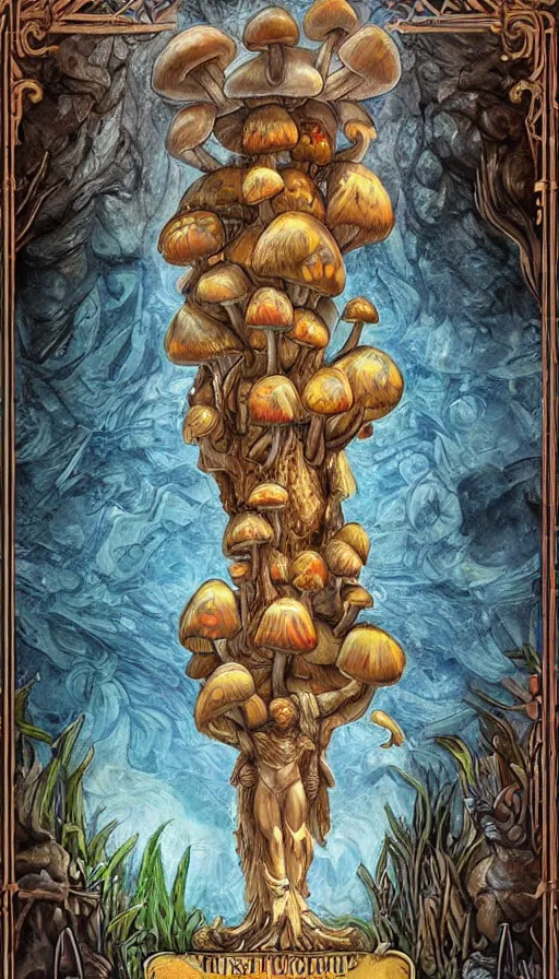 Image similar to a masterpiece hyperdetailed dnd tarot card, magnificent mushroom deity as depicted in a colossal greek marble statue ( with godlike perfect bodybuilder physique ), hd tarot card depicting monumental statue of a noble mushroom god with cute large mushroom hat, hdr, 8 k, artstationhq, digital art