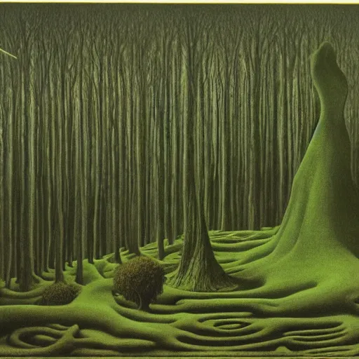 Prompt: witches coven. haunted, dark forest. zdzisław beksinski. surreal architecture, bizzare landscape, precisionism, sickly green color scheme.