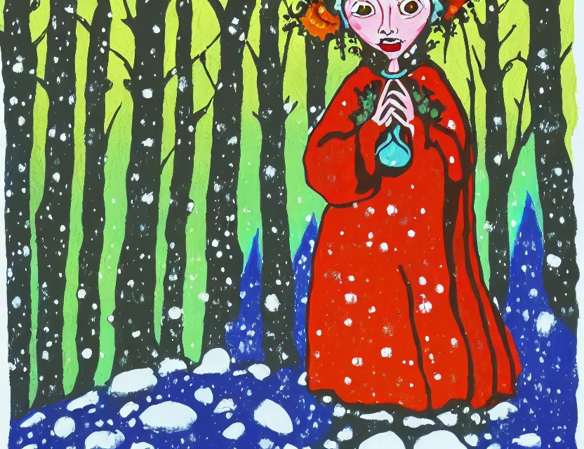 Prompt: flower priest of winter woods. gouache, limited palette with complementary colors, children's cartoon, backlighting, bold composition, depth of field.