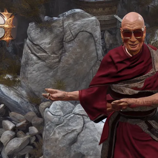 Prompt: action shot of the Dalai Lama NPC in bethesda Skyrim (Skyrim) ((Skyrim)) special edition videogame, 4k resolution, octane render