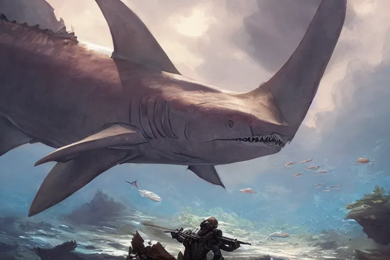 Image similar to an armored humanoi shark standing by coral reef, by mandy jurgens and bayard wu and greg rutkowski, fantasy, d & d, key art