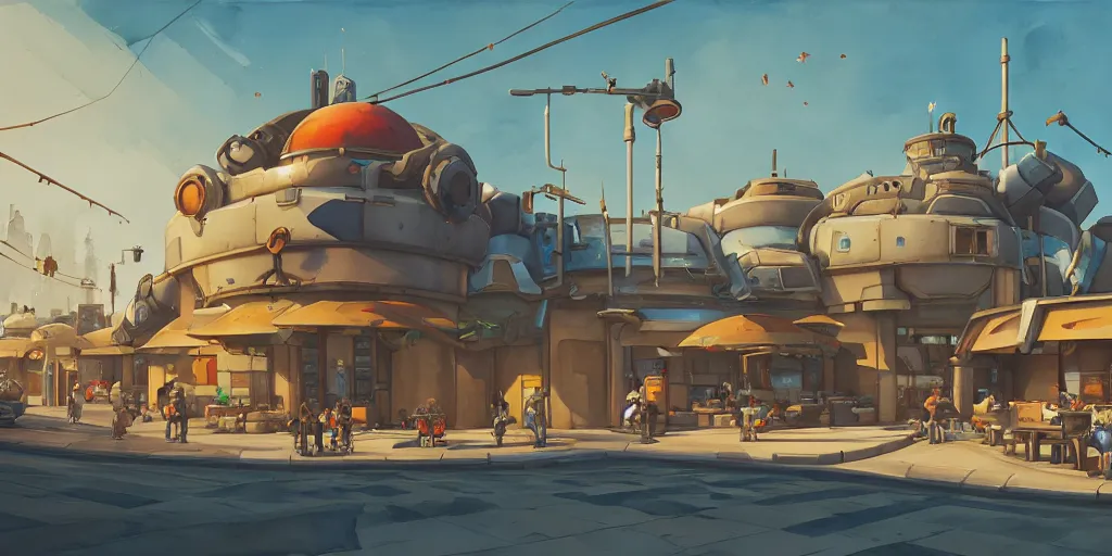 Image similar to overwatch building, stylized, exterior, architecture, in watercolor gouache detailed paintings, insanely detail, artstation, 8 k, futuristic, big medium small, arcane, simon stalenhag, food stall, interesting shapes & form, golden ratio, megastructures, vitaly bulgarov, mall