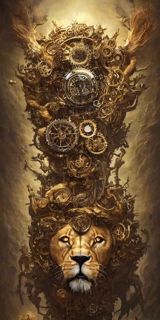 Image similar to a beautiful detailed 3 d matte portrait of a clockwork lion, by ellen jewett, by tomasz alen kopera, by justin gerard, ominous, magical realism, texture, intricate, skull, skeleton, gold coins, money, whirling smoke, alchemist bottles, radiant colors, fantasy, volumetric lighting, high details