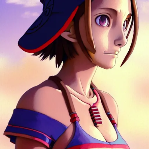 Image similar to beautiful boyish natalie portman gravure model in majora's mask, wearing wooden mask and baseball cap and leotard, street wear with subtle mayan patterns, aztec bathing suit, gapmoe yandere grimdark, trending on pixiv fanbox, painted by greg rutkowski makoto shinkai takashi takeuchi studio ghibli, akihiko yoshida