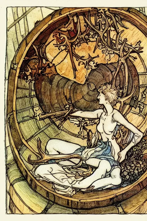 Prompt: a frothy wooden wine barrel in the center of a circular frame made of antlers, art by walter crane and arthur rackham, illustration style, watercolor