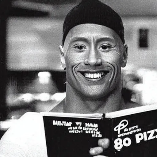 Prompt: dwayne johnson eating at a pizza hut in the 1 9 9 0 s. he is holding up a book - it paper.