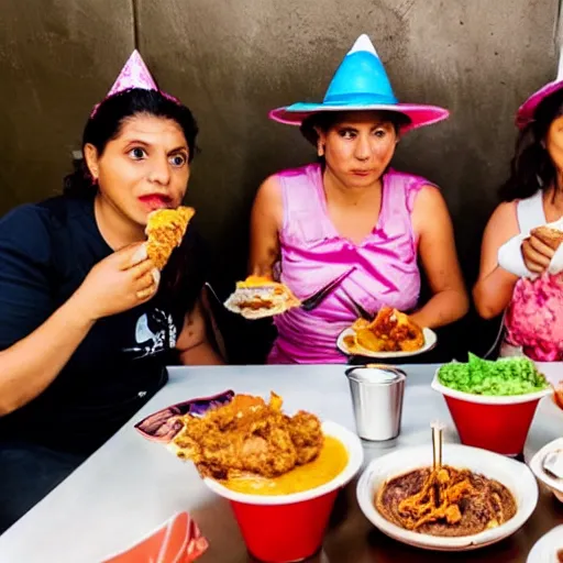 Image similar to A group of angels wearing birthday hats eating tacos de birria at a Mexican restaurant