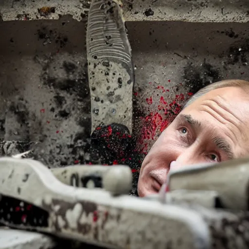 Image similar to putin with a chainsaw and a corpse. in a concrete bunker. focus on putins face with blood splatters. canon eos r 3, f / 1. 4, iso 1 6 0 0, 1 / 8 0 s, 8 k, raw, grainy