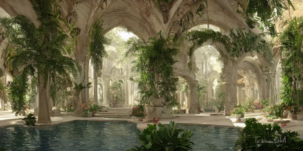 Image similar to cathedral interior with koi pond in the middle surrounded by palm trees, ivy, flowers, tropical plants, roses, and with archways. rendered in octane render with photorealistic lighting, fantasy concept art by tyler edlin, antoine blanchard, thomas cole