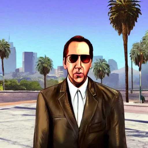 Image similar to Nicholas Cage in GTA V . Los Santos in the background, palm trees. In the art style of Stephen Bliss