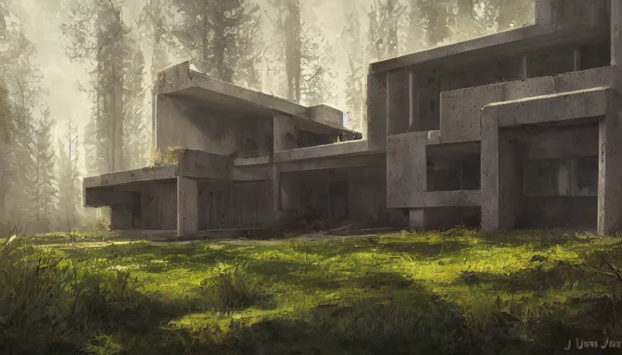 Image similar to brutalist house in the forest, cinematic shot, aaa game concept art oil painting by jama jurabaev, extremely detailed, brush hard, artstation, high quality, brush stroke