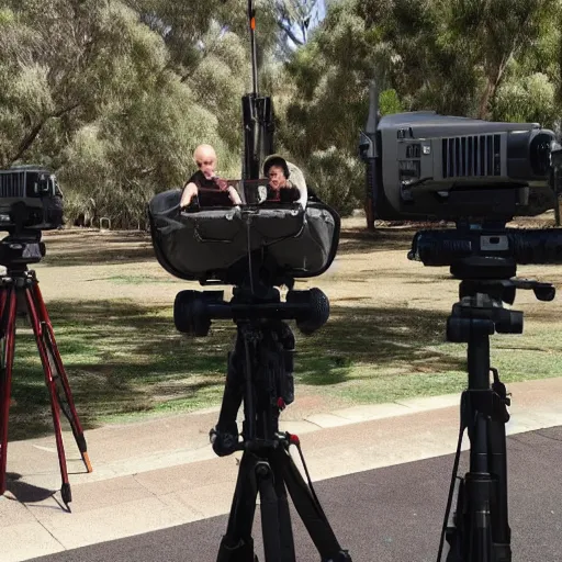 Prompt: alien tripod invasion of perth, Australia. Movie scene still