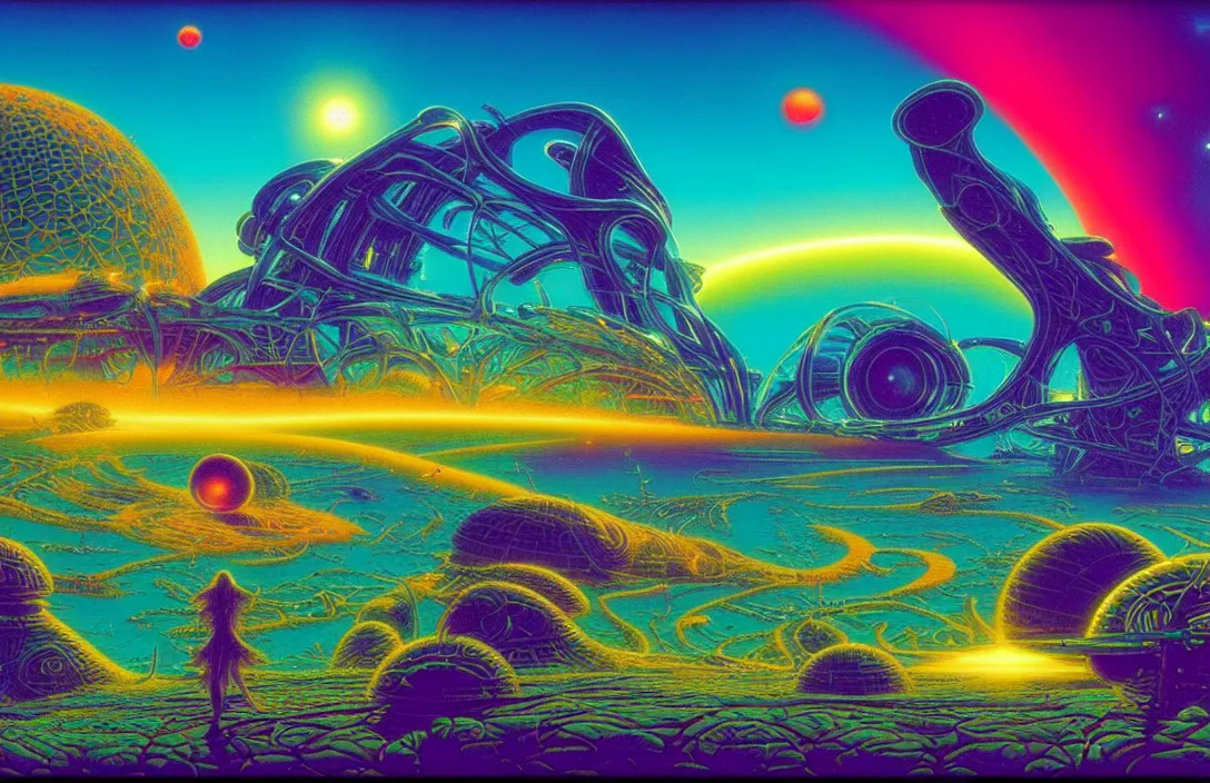 Prompt: cosmic sci - fi exotic islands, infinite psychedelic waves, synthwave, bright neon colors, highly detailed, cinematic, panoramic, tim white, michael whelan, roger dean, bob eggleton, lisa frank, vladimir kush, kubrick, james gurney, giger