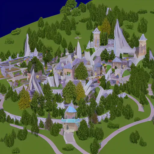 Image similar to a low poly, isometric view of rivendell, highly detailed render