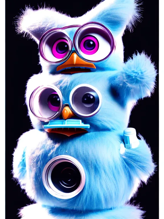Image similar to a detailed anatomical poster of a furby with labels and magnification details