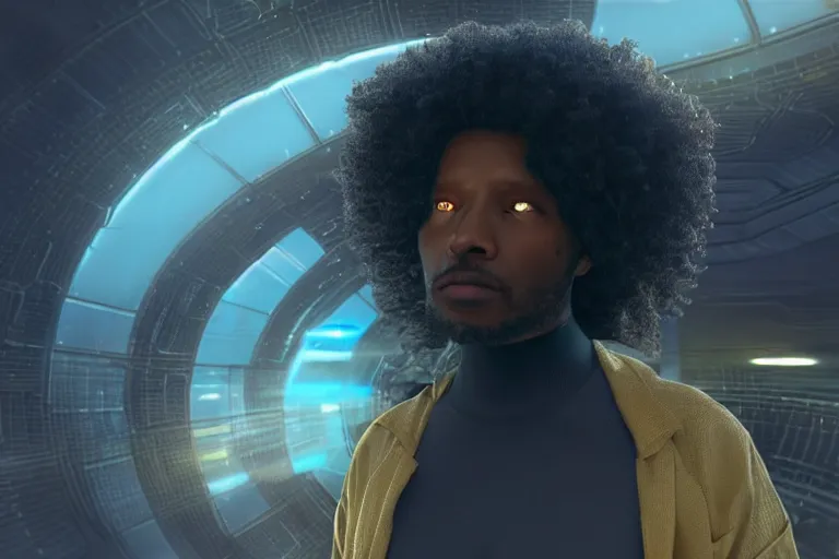 Image similar to a black man with long curly hair standing in front of a black hole horizon, time collapsing. neofuturistic highly detailed, digital concept art, Dimensional cyan gold natural light, sharp focus, Golden Ratio illustration, realistic concept art by Stephen Hickman and James Gurney and Hiromasa Ogura Ghost in the Shell rendered in Octane Render, From the distance