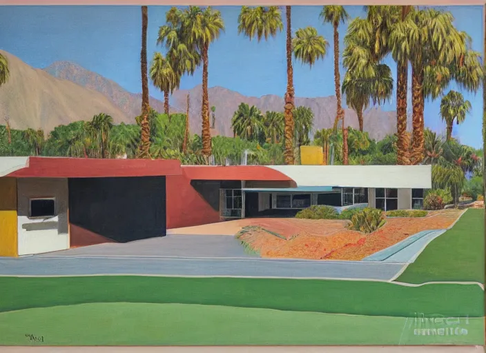 Image similar to painting of a richard neutra house in palm springs by wayne thiebaud