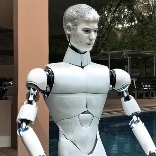 Image similar to made of ice, a realistic detailed photo of a guy who is an attractive humanoid who is half robot and half humanoid, who is a male android, on display, blank stare, showing off his muscles, shiny skin, posing like a statue, by the pool, frozen ice statue, twitch streamer / gamer ludwig, humanoid robot