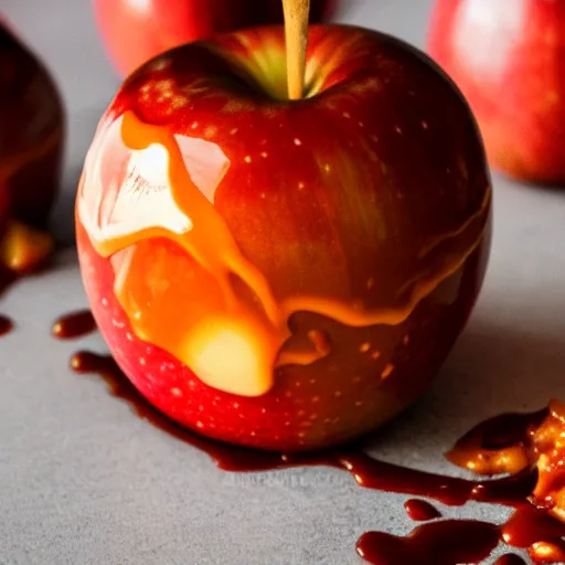 Prompt: caramel apple, food photography, cracks of magma, glowing, fire, space, orange, caramel