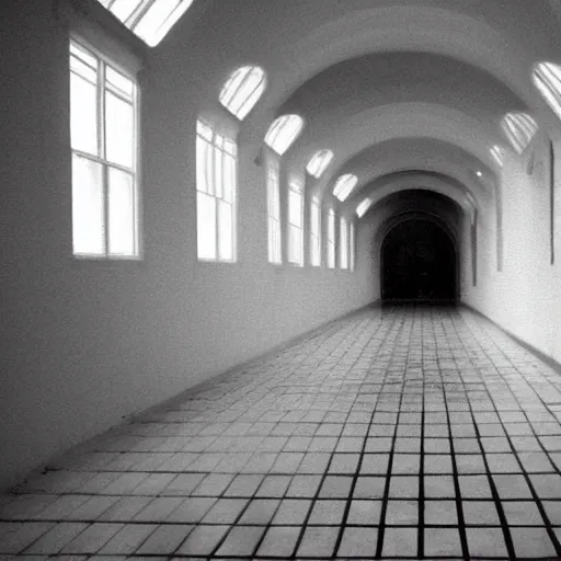 Image similar to Beautiful Fuzzy wide-eye-lens 15mm, harsh flash, cameraphone 2002, Photograph of an tiled infinite foggy foggy foggy liminal pool pool hallway hallway hallway with archways and water on the floor, mirrored