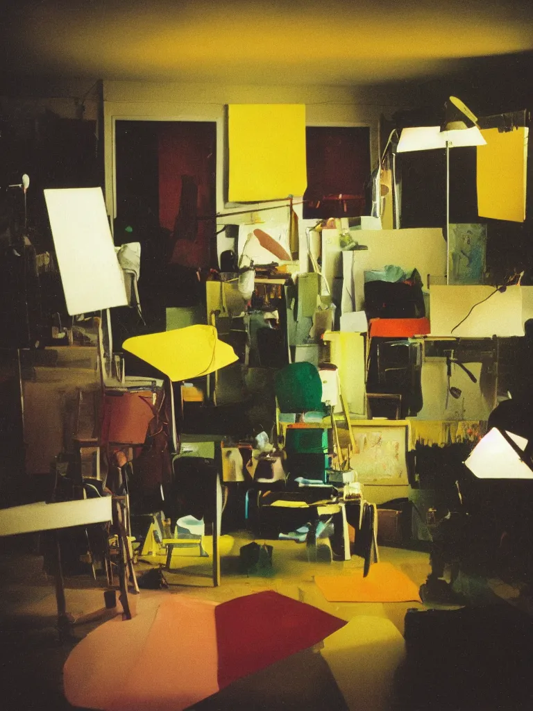 Prompt: dramatic scene shallow depth of field medium shot uncanny surreal photograph of a colorful intimate art studio in 1 9 9 5 titled'this yellow light ', photographed by william eggleston and ken price and man ray, grainy shocking detail trending on artstation 8 k