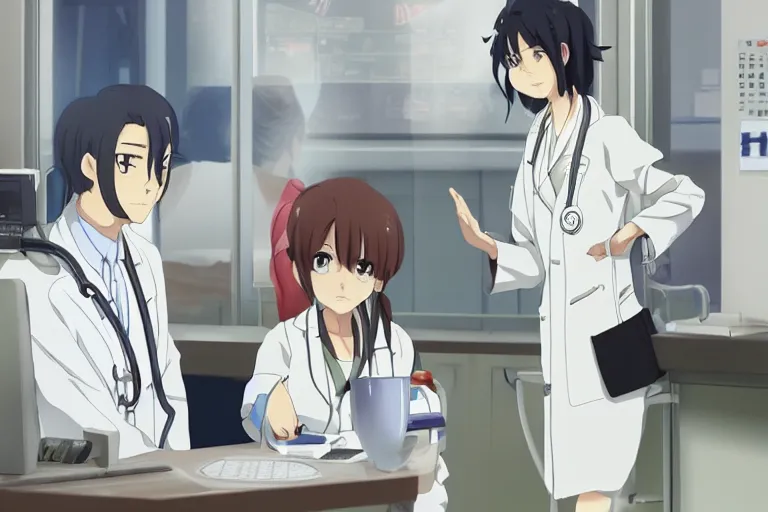 Image similar to a cute young female doctor wearing white coat are talking with an old surgeon in a hospital, slice of life anime, lighting, anime scenery by Makoto shinkai