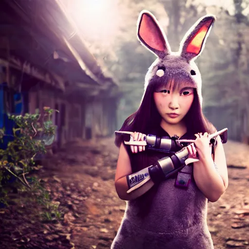 Image similar to a girl with a cute asian face in a rabbit outfit with a samurai mez stands in a low combat stock, depth of field, fantasy and cyberpunk stylization, focus on the foreground, 8 5 mm, f 1 6