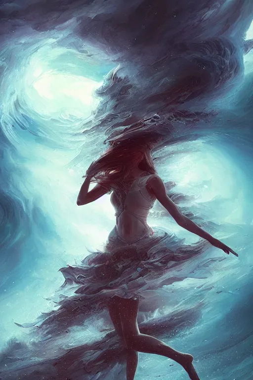 Image similar to a fractal dancer in a tornado emerges from a stormy sea by artgem and greg rutkowski, highly detailed, vivid colors, trippy, nebula, trending on artstation