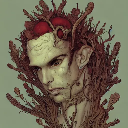 Prompt: Face Head Eyes Rootpunk Elven Physique Portrait of a Shaman Guy wearing an ivy costume lichen disguised as a human standing atop a red clay pot greg rutkowski jen bartel dragan bibin peter mohrbacher anna podedworna arthur rackham salvador dali octavio ocampo jacek yerka winslow homer norman rockwell uta natsume prismacolor tombow quill