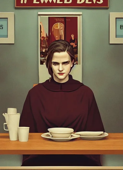 Image similar to Twin Peaks movie poster artwork by Michael Whelan and Tomer Hanuka, Rendering of Emma Watson dressed a nun sitting at a diner booth, from a scene from Twin Peaks, clean, full of detail, Matte painting, trending on artstation and unreal engine